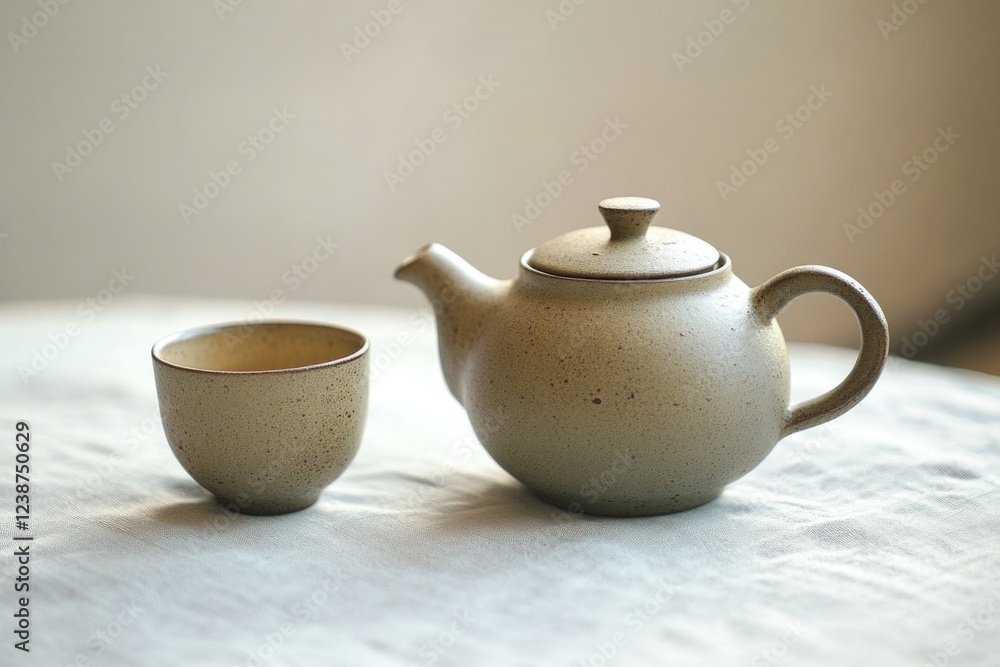 A tea pot and cup sitting on a table, ready for use A tea pot and cup sitting on a table, ready for use