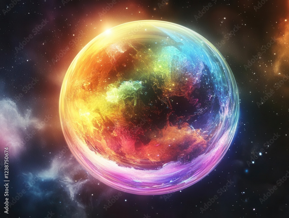 Fototapeta premium iridescent soap bubble floating in dark space with dramatic lighting, creating rainbow prismatic effects and reflections