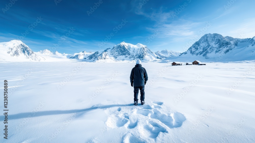 A serene landscape featuring a lone figure amid sweeping snowfields and towering mountain peaks, encapsulating the beauty and solitude of nature in a winter wonderland. A serene landscape featuring a lone figure amid sweeping snowfields and towering mountain peaks, encapsulating the beauty and solitude of nature in a winter wonderland.