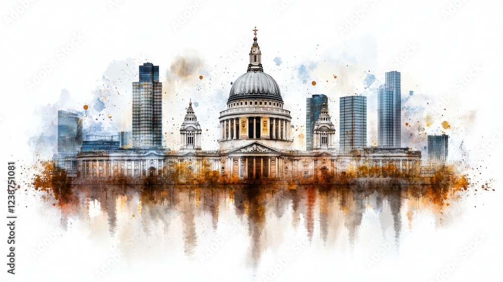 Fototapeta premium Stunning Watercolor Cityscape of St. Paul's Cathedral Amidst Modern Urban Skyline
