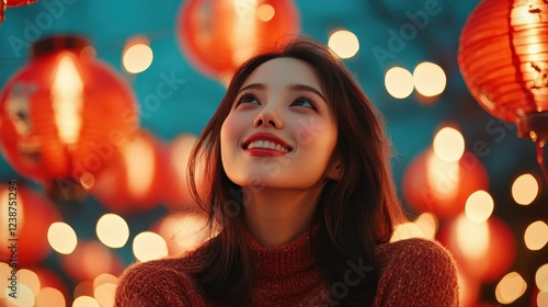 A woman beams with happiness as she gazes upward at twinkling lanterns above, creating a magical night scene filled with warmth and a sense of wonder. photo