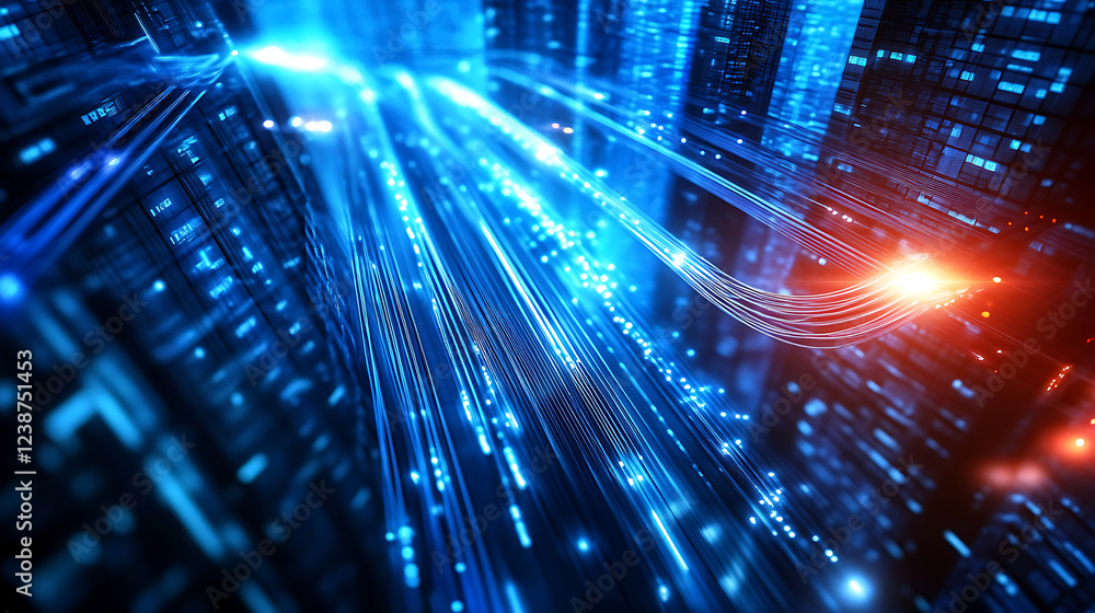 Fototapeta premium A dynamic abstraction of blue and orange light streaks, representing data flow and technology in a futuristic digital environment.