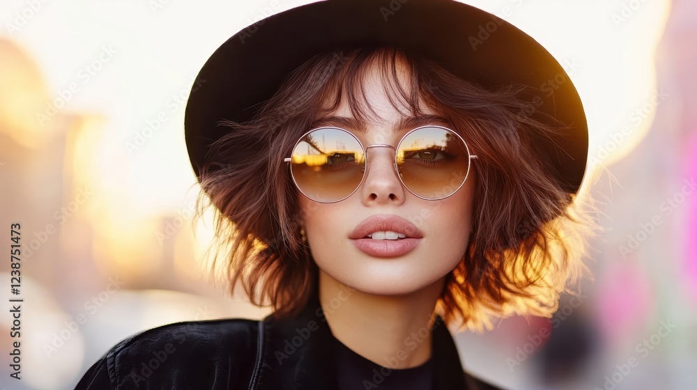A radiant woman in a stylish hat and sunglasses poses playfully while exuding a sense of confidence, perfect for fashion and lifestyle contexts that celebrate individuality. A radiant woman in a stylish hat and sunglasses poses playfully while exuding a sense of confidence, perfect for fashion and lifestyle contexts that celebrate individuality.