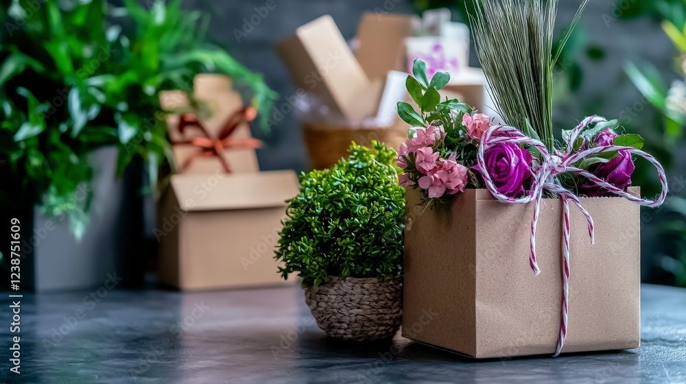 Fototapeta premium Ecommerce launch event features thai artisans shipping floral arrangements in a cozy studio environment