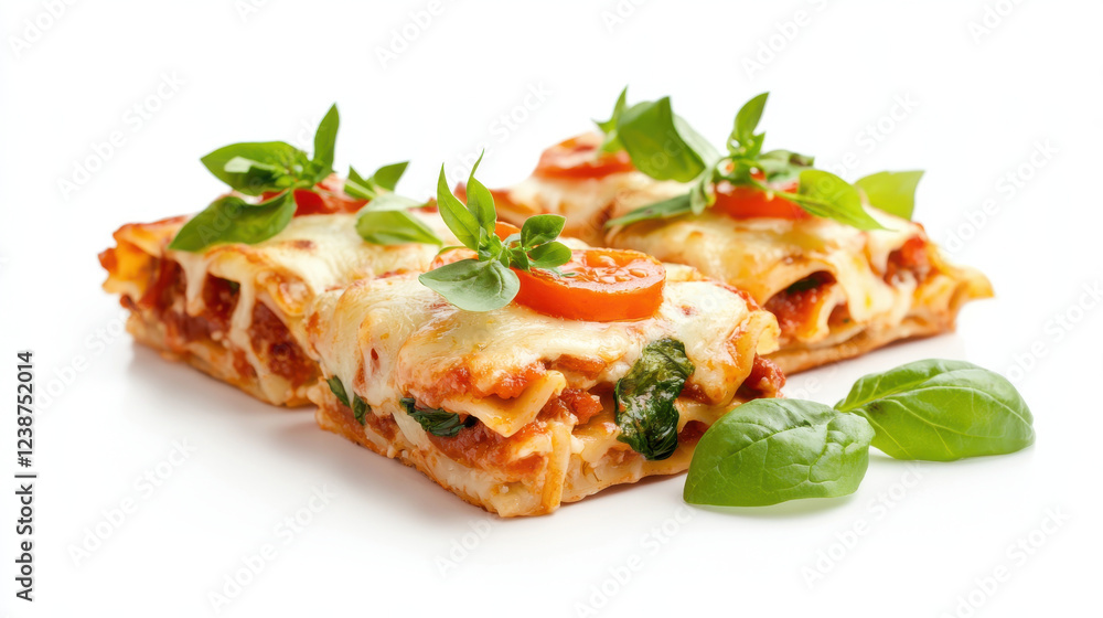 Delicious layered lasagna with rich cheese, tomato sauce, and fresh basil Delicious layered lasagna with rich cheese, tomato sauce, and fresh basil