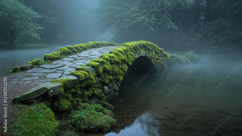 Fototapeta premium Moss-covered stone bridge in a misty forest by a tranquil river at dawn. Generative AI