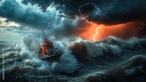 Stormy seas with a struggling tugboat navigating fierce waves and lightning during a dramatic sunset. Generative AI