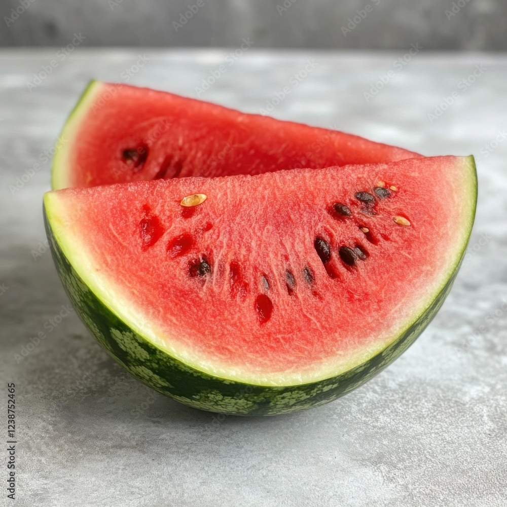 Fresh juicy watermelon slices on gray background with seeds visible Fresh juicy watermelon slices on gray background with seeds visible