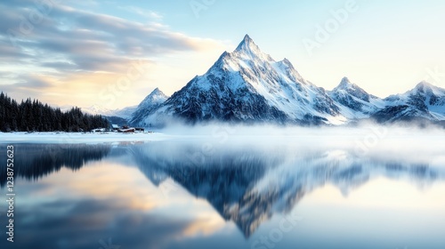 A stunning view of mountains at dawn reflects on a tranquil lake, capturing the essence of nature's beauty and the calming effect of serene landscapes. photo