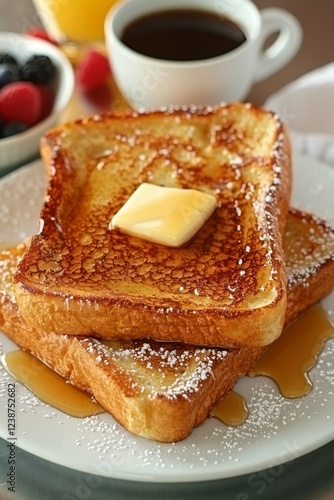 Delicious French toast with maple sirup, next to a glass of fresh orange juice and cup of coffee. On bistro countertop.	
