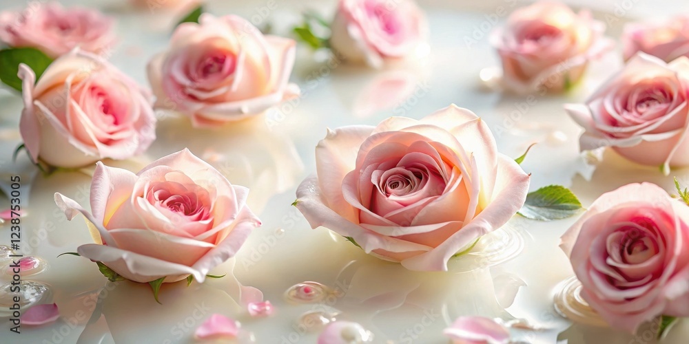 Pale pink roses floating serenely on a creamy white surface, petals scattered around Pale pink roses floating serenely on a creamy white surface, petals scattered around