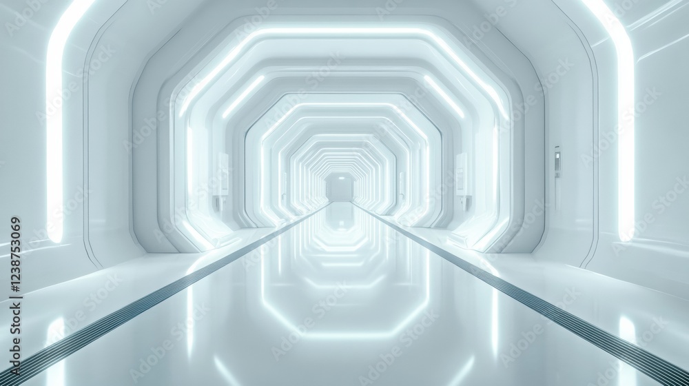 Fototapeta premium White Futuristic Corridor With Geometric Shapes And Neon Lighting Perspective View Science Fiction