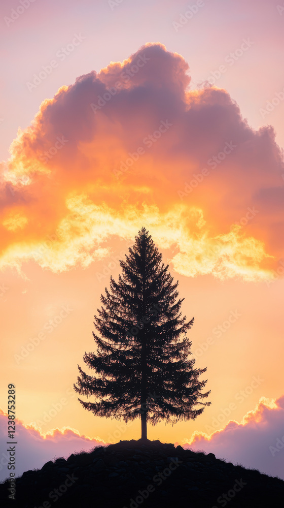 Majestic tree silhouette against vibrant sunset clouds, creating serene atmosphere Majestic tree silhouette against vibrant sunset clouds, creating serene atmosphere