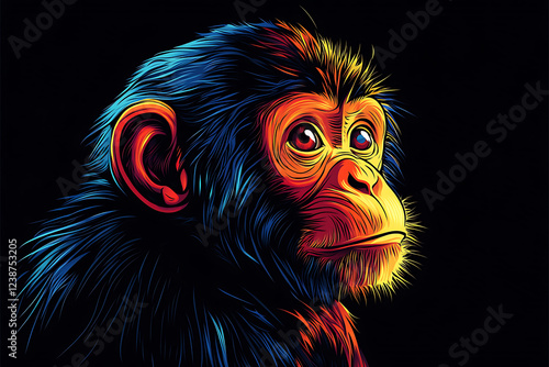 illustration of an abstract, neon monkey in pop art style on a black background, a monkey, monkey, cute monkey, neon, black background, 3d rendering