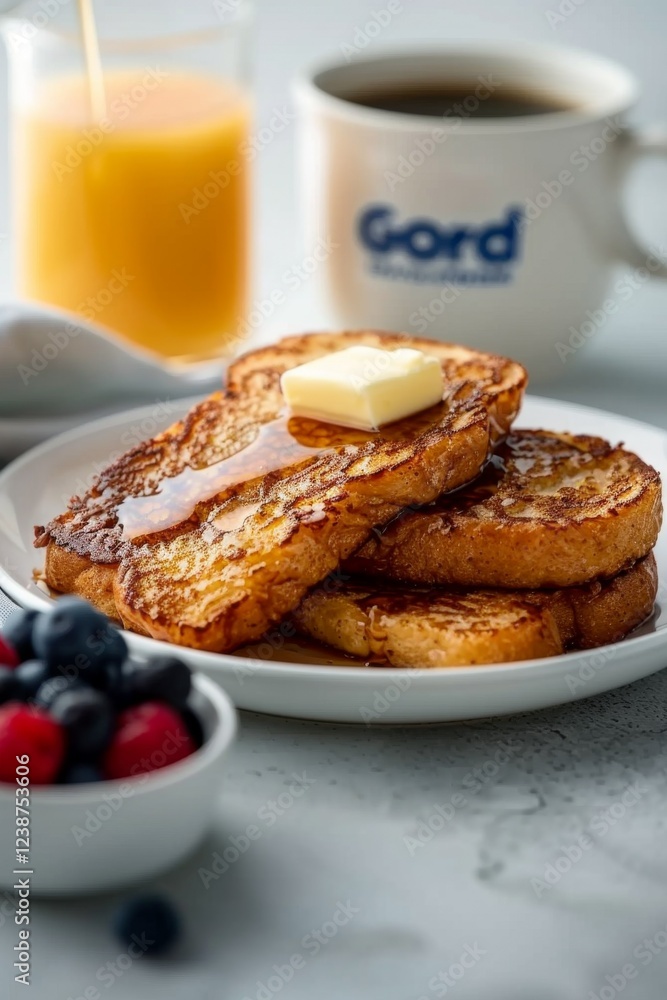Delicious French toast with maple sirup, next to a glass of fresh orange juice and cup of coffee. On bistro countertop.
Delicious French toast with maple sirup, next to a glass of fresh orange juice and cup of coffee. On bistro countertop.