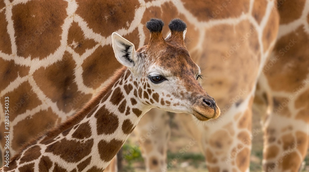 Baby giraffe standing among adults, curious and gentle, in natural habitat Baby giraffe standing among adults, curious and gentle, in natural habitat