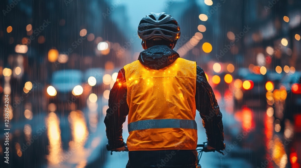 Cyclist wearing reflective vest riding in rainy city at night for safety and visibility Cyclist wearing reflective vest riding in rainy city at night for safety and visibility
