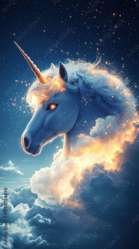 mystical unicorn cloud with glowing horn and starry background mystical unicorn cloud with glowing horn and starry background