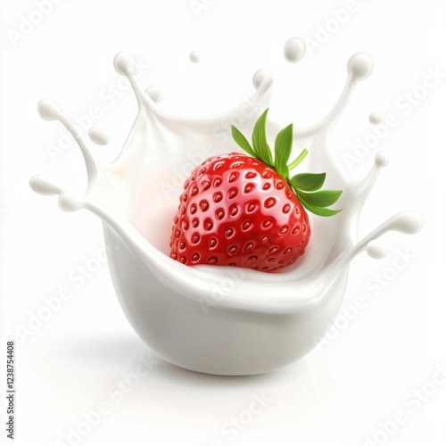 Fresh milk splash with smooth curves and a floating strawberry isolated on white background