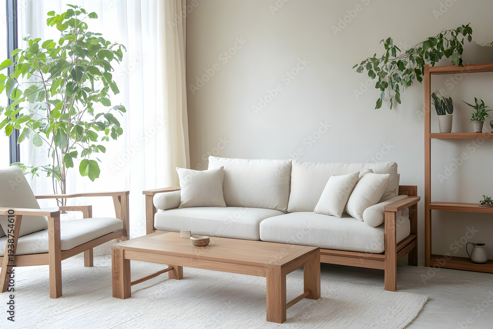 Fototapeta premium Serene Living Room Interior Design with Wooden Sofa and Plants