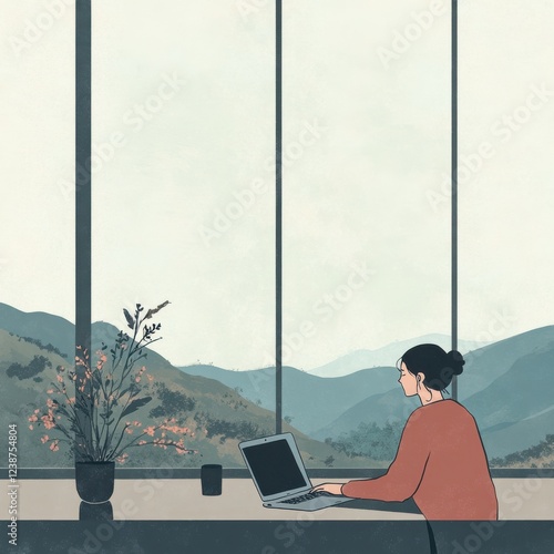 Woman Works With Laptop At Home With Mountain Scenery View Through Large Window And Plant On Table