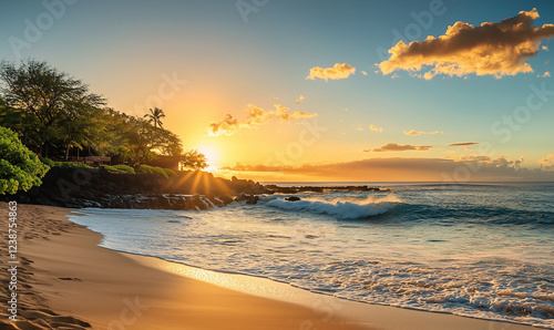 Scenic beach at sunset with waves and lush greenery under a vibrant sky. photo