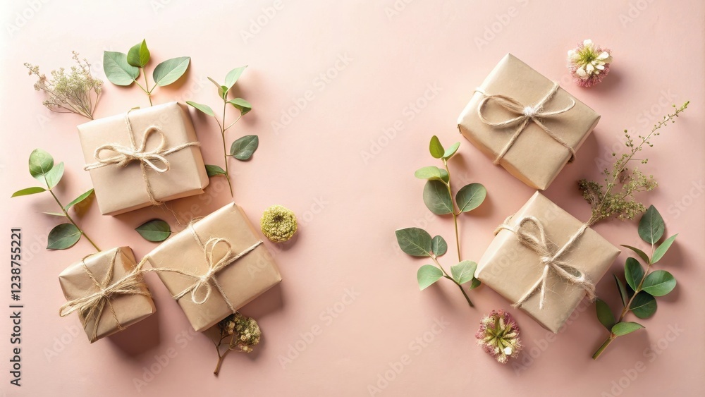 Rustic Gift Boxes with Delicate Greenery and Flowers on a Pale Pink Background Rustic Gift Boxes with Delicate Greenery and Flowers on a Pale Pink Background