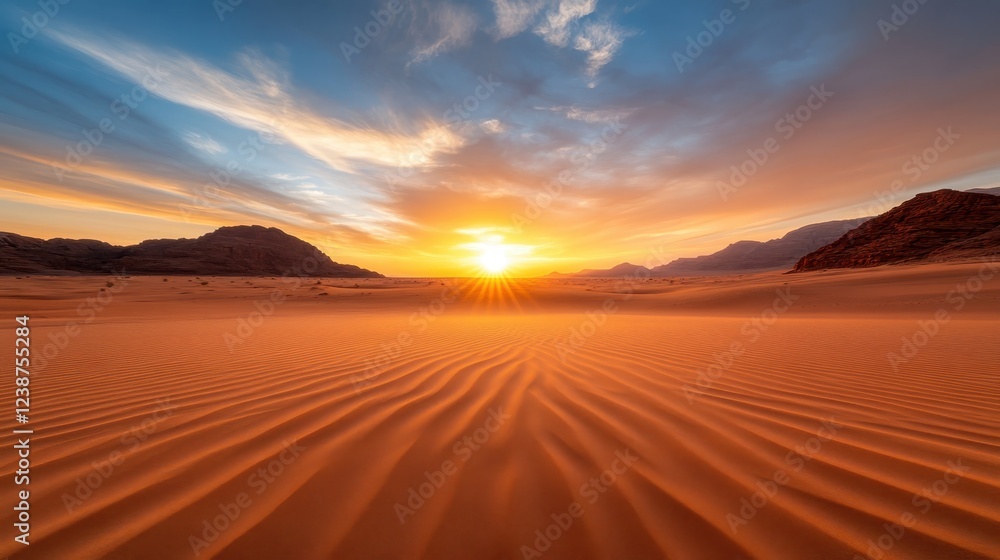 An unforgettable view of a desert sunset with vibrant warm colors illuminating the sky, capturing the essence of nature's beauty in a serene landscape. An unforgettable view of a desert sunset with vibrant warm colors illuminating the sky, capturing the essence of nature's beauty in a serene landscape.