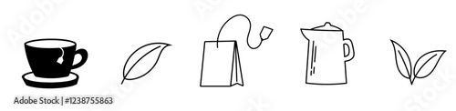 tea icon tea bag leaf and cup of tea doodle hand drawing