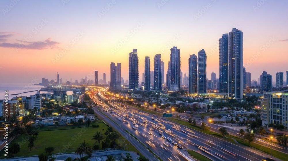 Sunset Cityscape: Panoramic View of Coastal Skyline and Highway at Dusk Sunset Cityscape: Panoramic View of Coastal Skyline and Highway at Dusk
