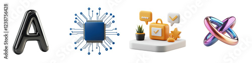 marketing and icon clipart concept. Digital elements featuring letters, technology, and design concepts in a creative arrangement. on Transparent background.