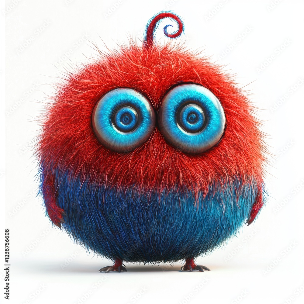 Fototapeta premium Fuzzy red and blue monster with spiraling hypnotic eyes and tiny wings, isolated on white background