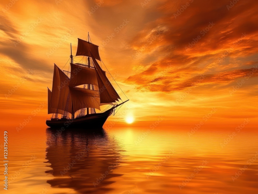 Obraz premium majestic sailboat silhouetted against orange sunset sky, calm waters reflecting light, peaceful maritime scene