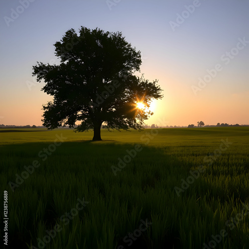 Wallpaper Mural A field with a tree and a sun in the background Torontodigital.ca