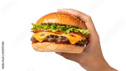 A hand holds a cheeseburger with beef, lettuce, and tomato on a burger bun