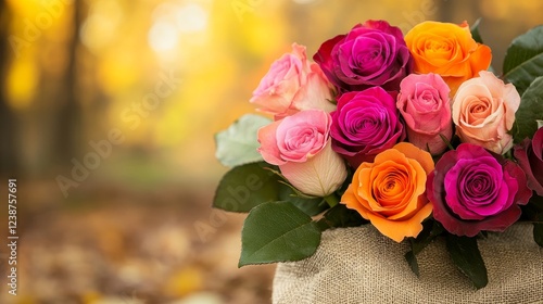 Wallpaper Mural A vibrant bouquet of roses in shades of pink, orange, and purple against a soft autumn background Torontodigital.ca