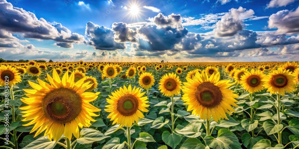 Fototapeta premium Sunlit Sunflower Field Under a Dramatic Sky with Bright Sunbeams