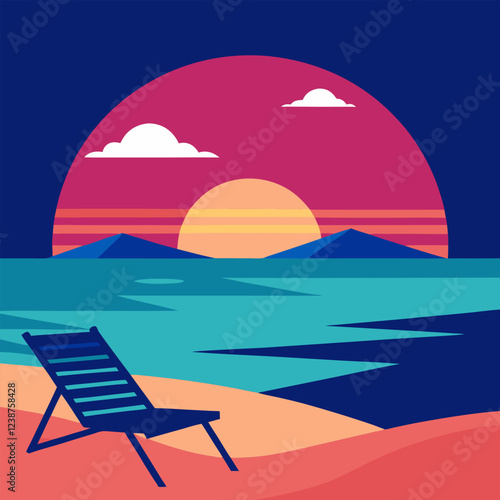 Landscape sunset on the beach. Sun loungers on the seashore. Landscape Beautiful seascape. Seascape banner. Romantic evening on the beach. Vector.
