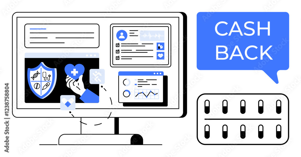 Desktop screen with health symbols, data charts, and user profiles. Cash Back speech bubble. Ideal for financial incentives, healthcare, technology design, data analysis, user experience e-commerce Desktop screen with health symbols, data charts, and user profiles. Cash Back speech bubble. Ideal for financial incentives, healthcare, technology design, data analysis, user experience e-commerce