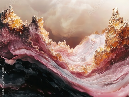 mesmerizing fluid art composition with swirling patterns of metallic and pearl pigments creating abstract mountainous landscapes photo