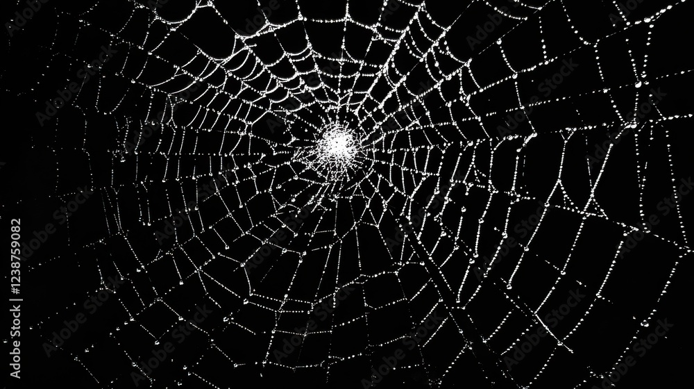 Obraz premium Intricate spider web with dewdrops on black background