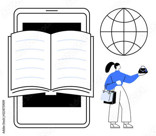 Open book inside giant smartphone, woman holding globe and shopping bags. Ideal for online learning, e-commerce, global education, technology, distance learning, digital literacy, modern consumerism