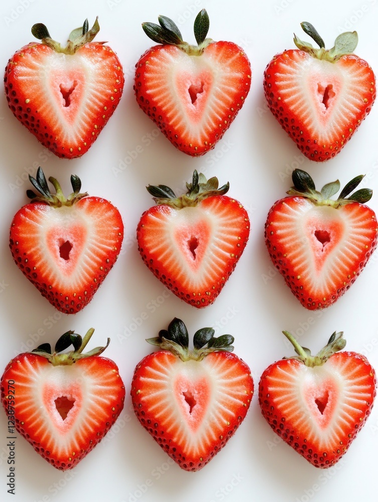 Freshly cut strawberry halves in a grid. Freshly cut strawberry halves in a grid.