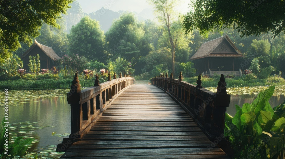 Ancient wooden bridge connecting two temple gardens. Ancient wooden bridge connecting two temple gardens.