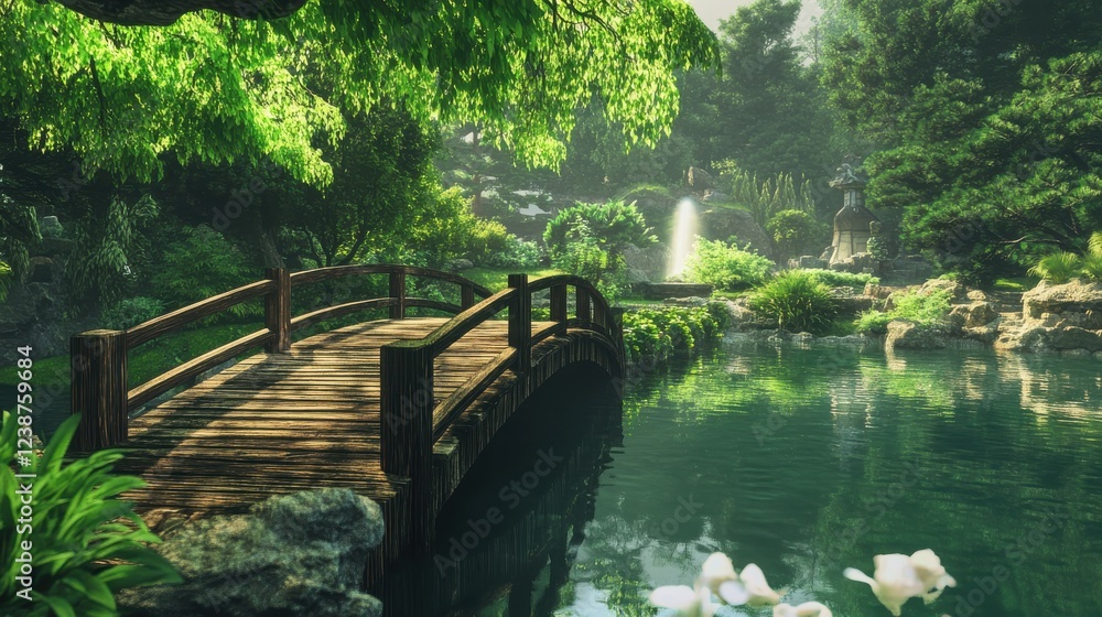 Ancient wooden bridge connecting two temple gardens Ancient wooden bridge connecting two temple gardens