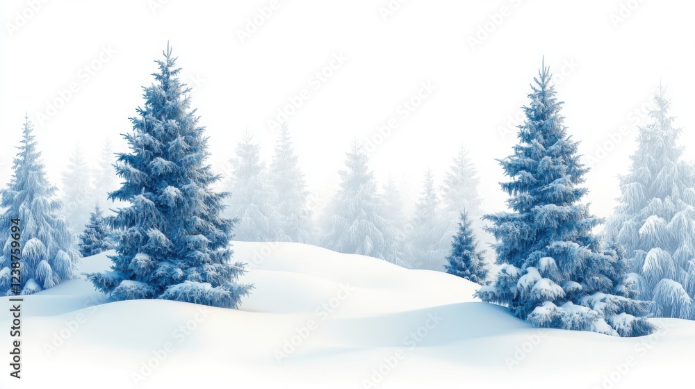 Snow-covered evergreen trees in a serene winter landscape with frosty atmosphere Snow-covered evergreen trees in a serene winter landscape with frosty atmosphere