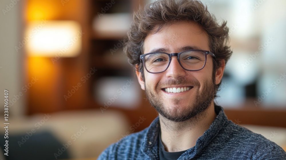 Smiling young man with glasses in cozy indoor setting Smiling young man with glasses in cozy indoor setting