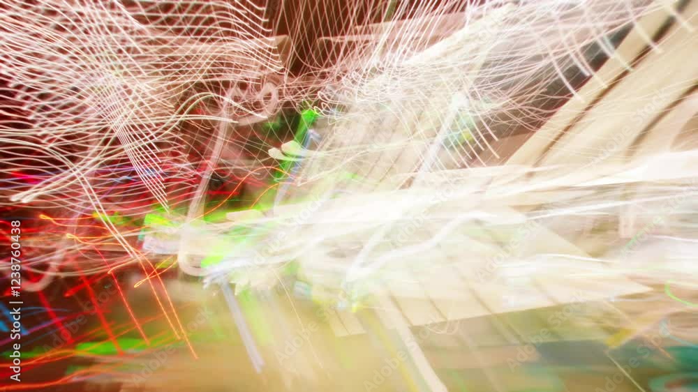 Timelapse flickering light trails. Blurry colorful city streak lights glowing at night, long exposure transformations bright multicolored street illumination. Curved lines change with strobe effect
