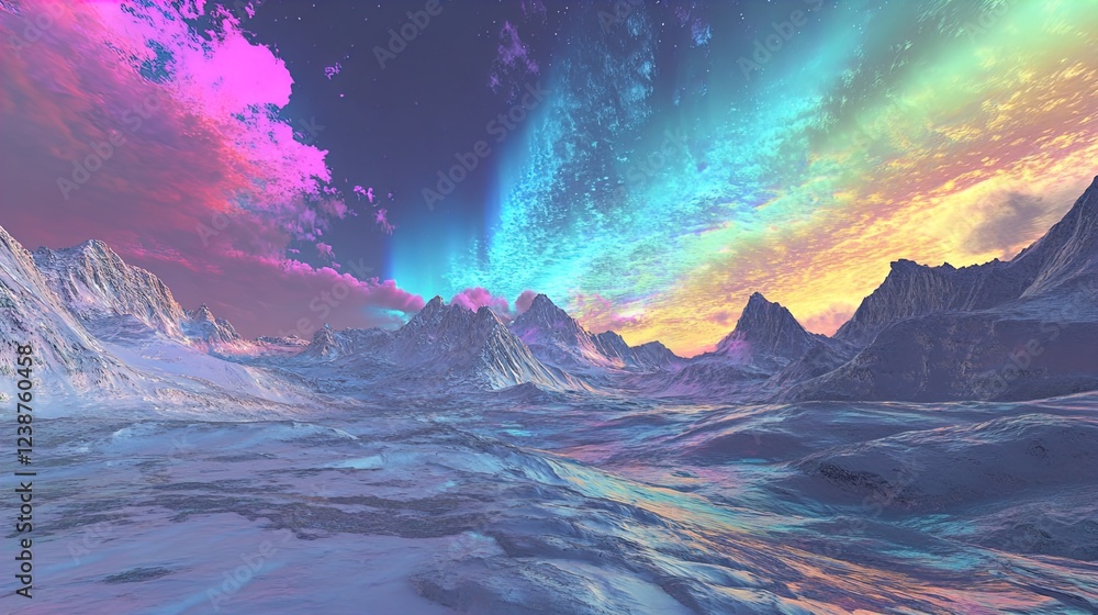 Fototapeta premium A surreal landscape featuring a vibrant, colorful sky filled with shades of pink, blue, and purple, casting a mystical glow over a snow-covered mountain range. The scene is bathed in ethereal light, c