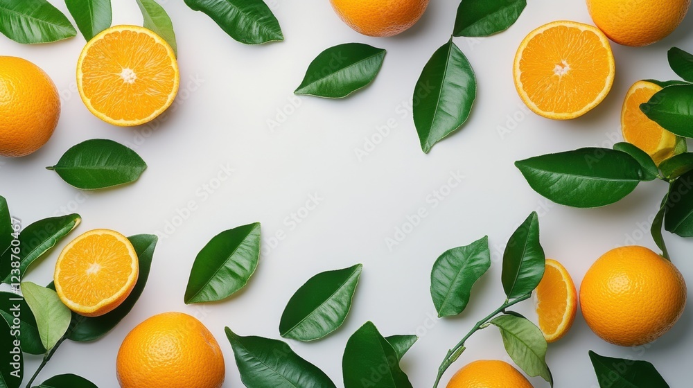 Fresh oranges and green leaves on white background creating a natural border Fresh oranges and green leaves on white background creating a natural border